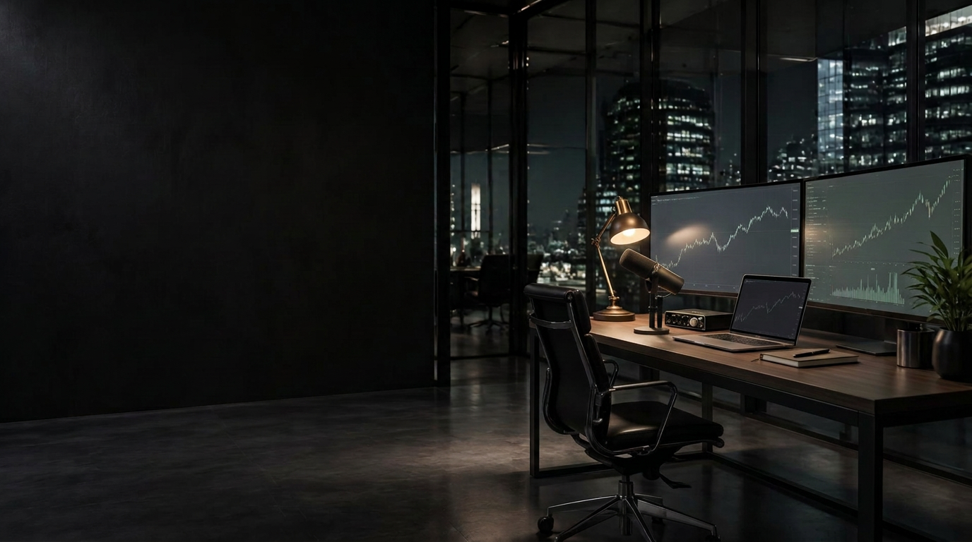 A dark creator studio set up for a live markets show, with two monitors and a microphone
